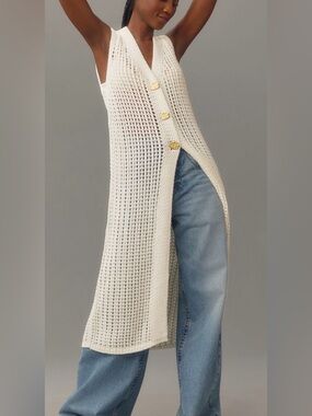 Flat White Open-Knit Cardigan Sweater Vest